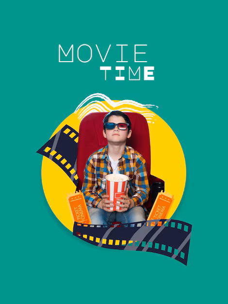 collage about movie time with kid holding popcorn